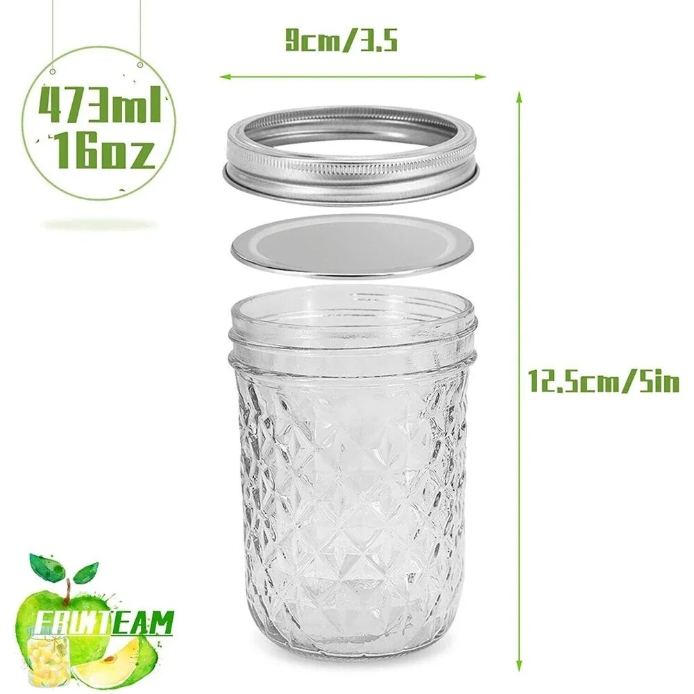Set of 8 Mason Jars Set w/ Lids Quilted Crystal Jars, 16oz Glass Canning Jars